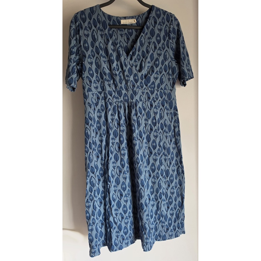 Seasalt Cornwall Midi Dress UK 14 Blue Leaf Print V-Neck Short Sleeve Wrap